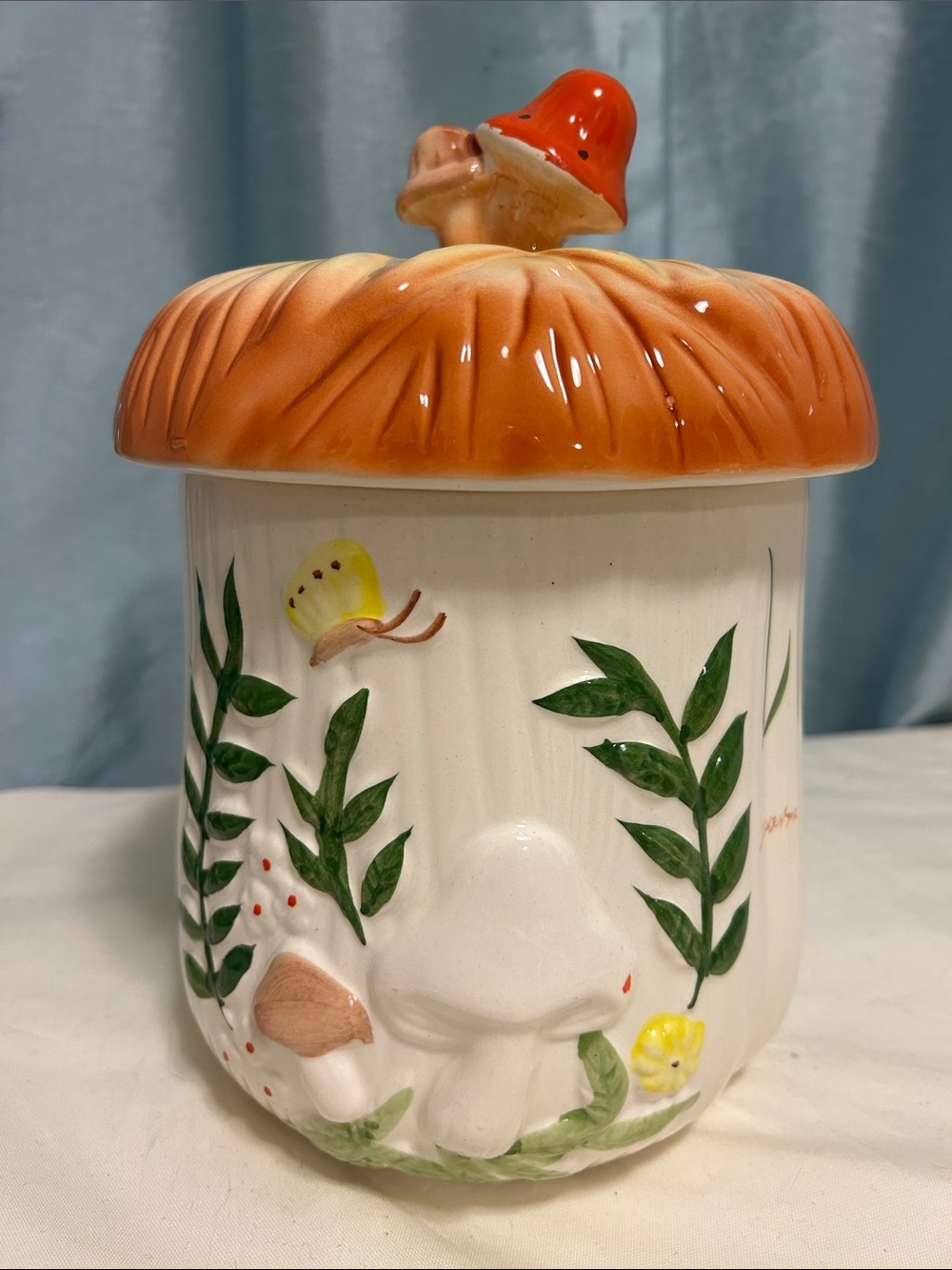 10.25” Mushroom Ceramic Canister - Orange and White